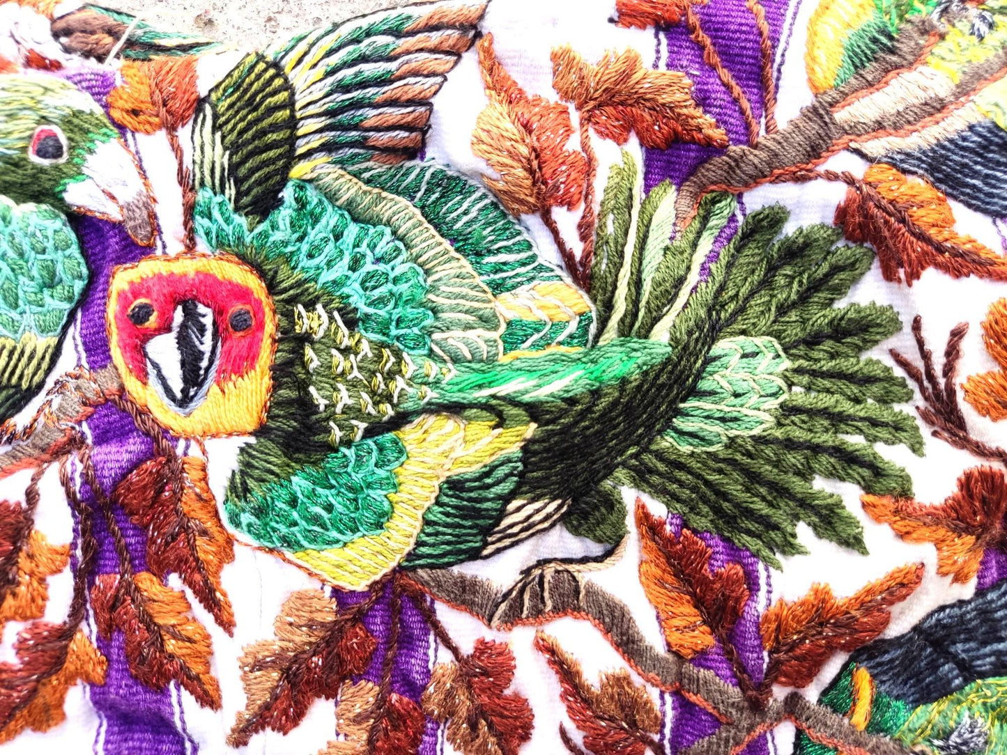 Vintage Handmade EMBROIDERED Parrots SANTIAGO Atitlan Huipil Cotton Wall Decor Tapestry