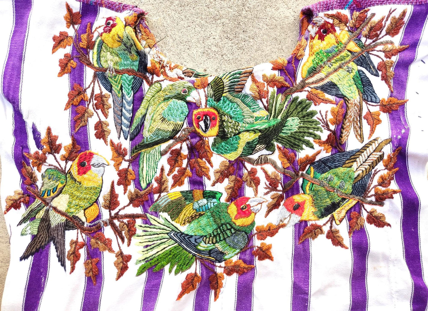 Vintage Handmade EMBROIDERED Parrots SANTIAGO Atitlan Huipil Cotton Wall Decor Tapestry
