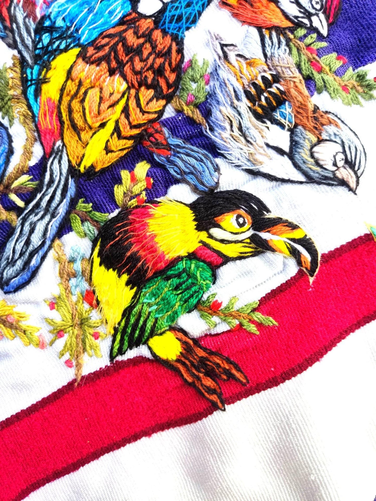 Vintage Handmade EMBROIDERED Parrots Toucans and Birds SANTIAGO Atitlan Huipil Cotton Wall Decor Tapestry