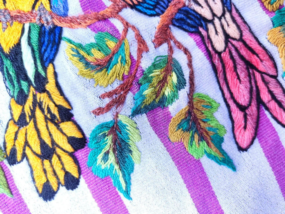 Vintage Handmade EMBROIDERED Parrots SANTIAGO Atitlan Huipil Cotton Wall Decor Tapestry