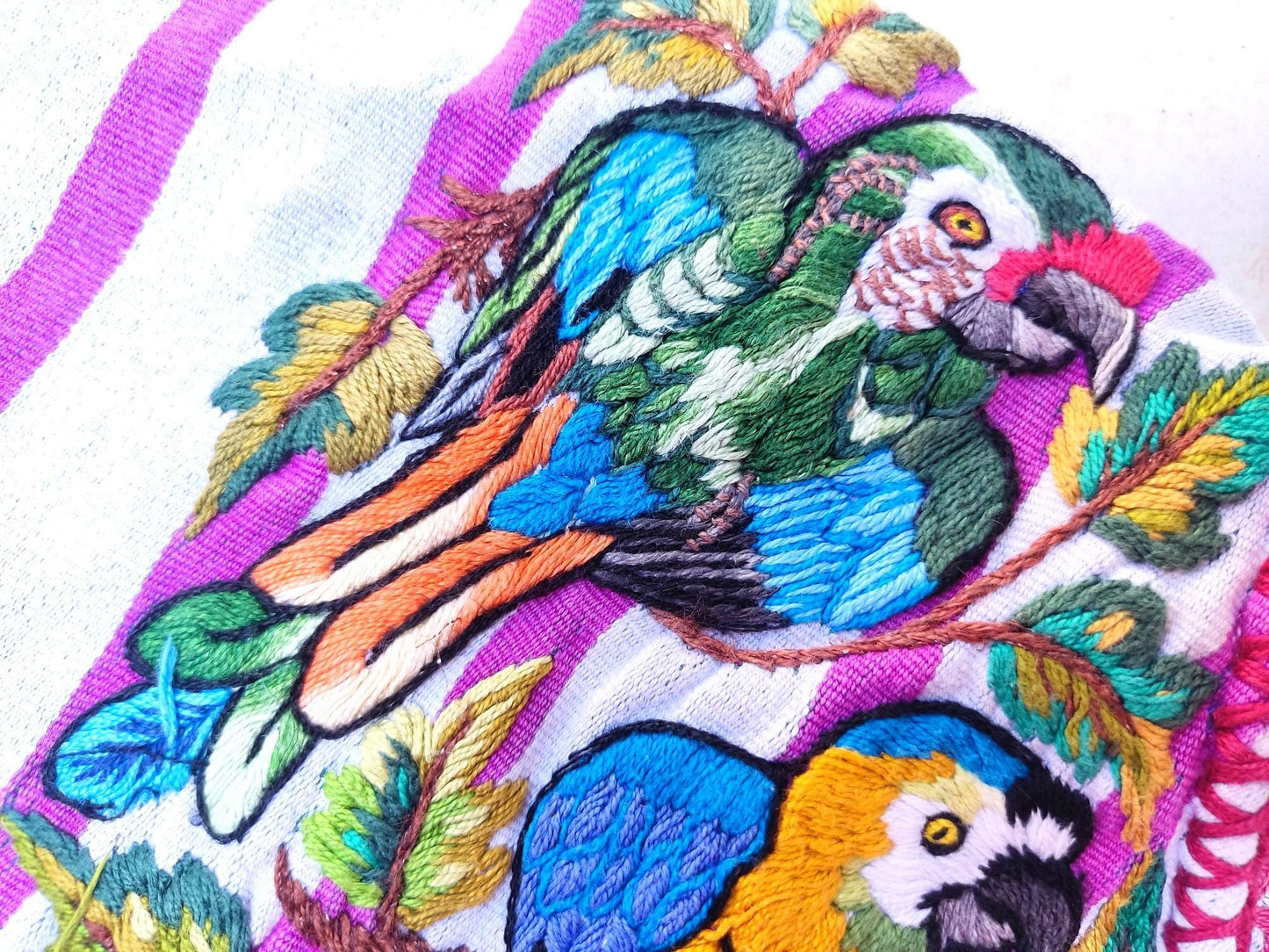Vintage Handmade EMBROIDERED Parrots SANTIAGO Atitlan Huipil Cotton Wall Decor Tapestry