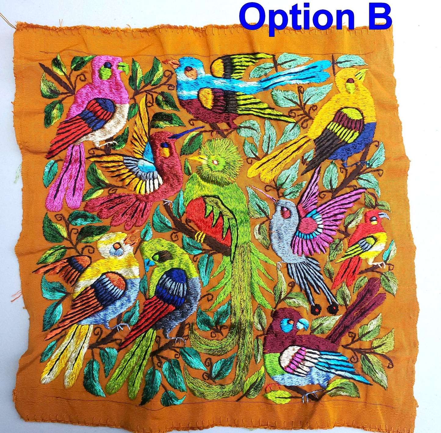 Handmade Hanging EMBROIDERED Guatemalan Yellow Wall Decor "QUETZAL and Bird Friends" tapestry