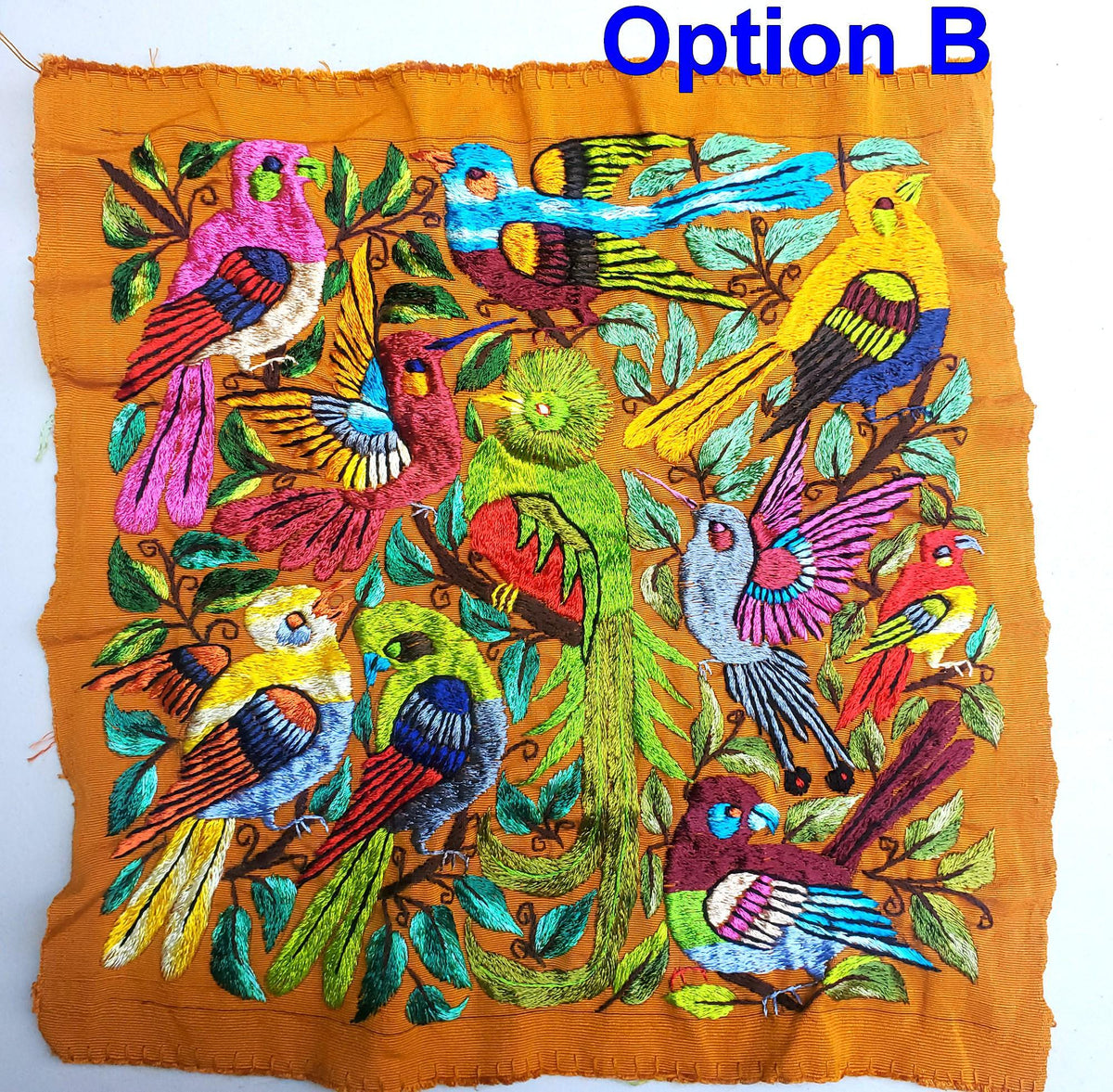 Handmade Hanging EMBROIDERED Guatemalan Yellow Wall Decor "QUETZAL and Bird Friends" tapestry