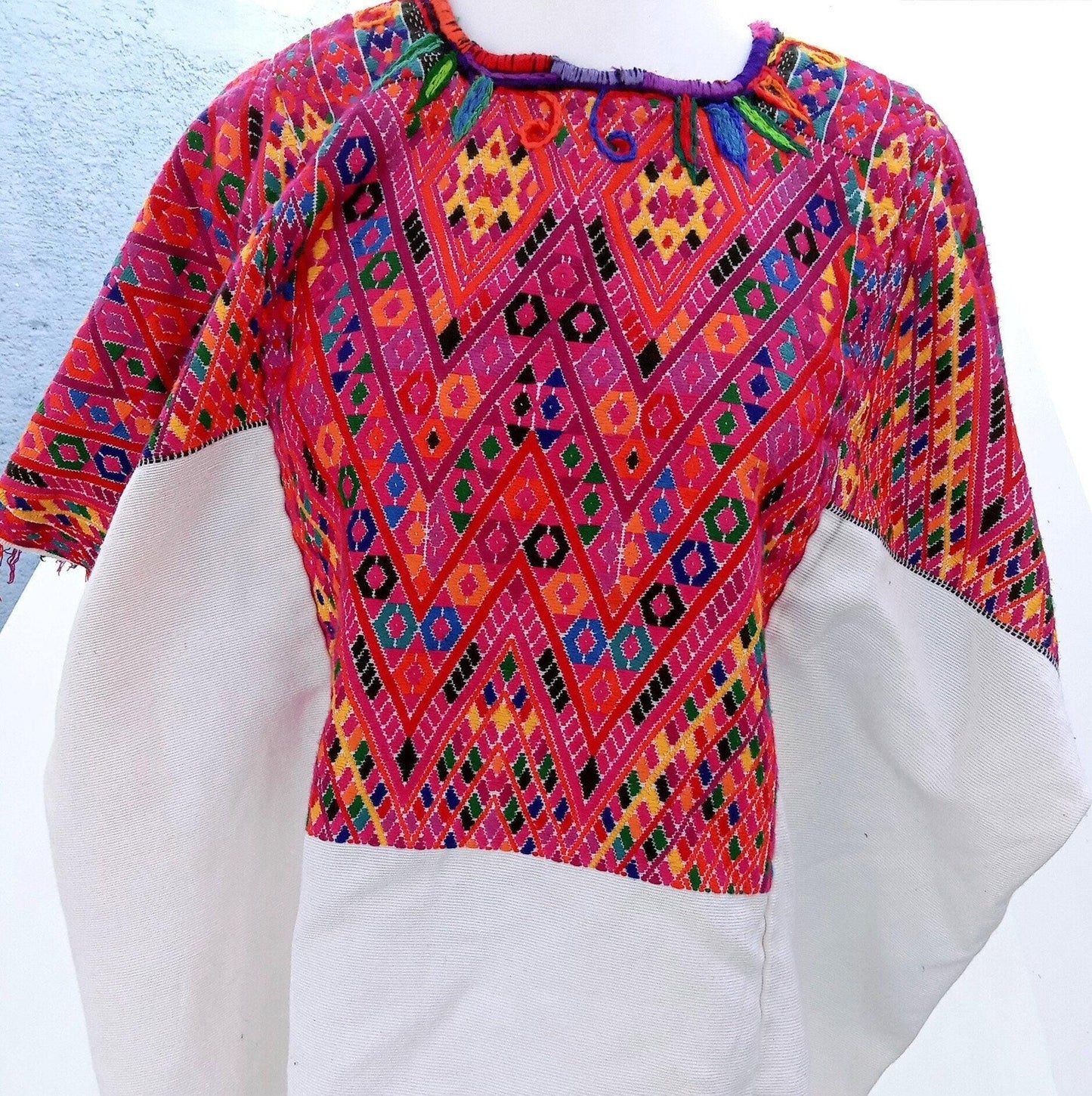 Vintage Guatemalan unique handmade Ivory weaved cotton huipil - Mayan rombus motives-
