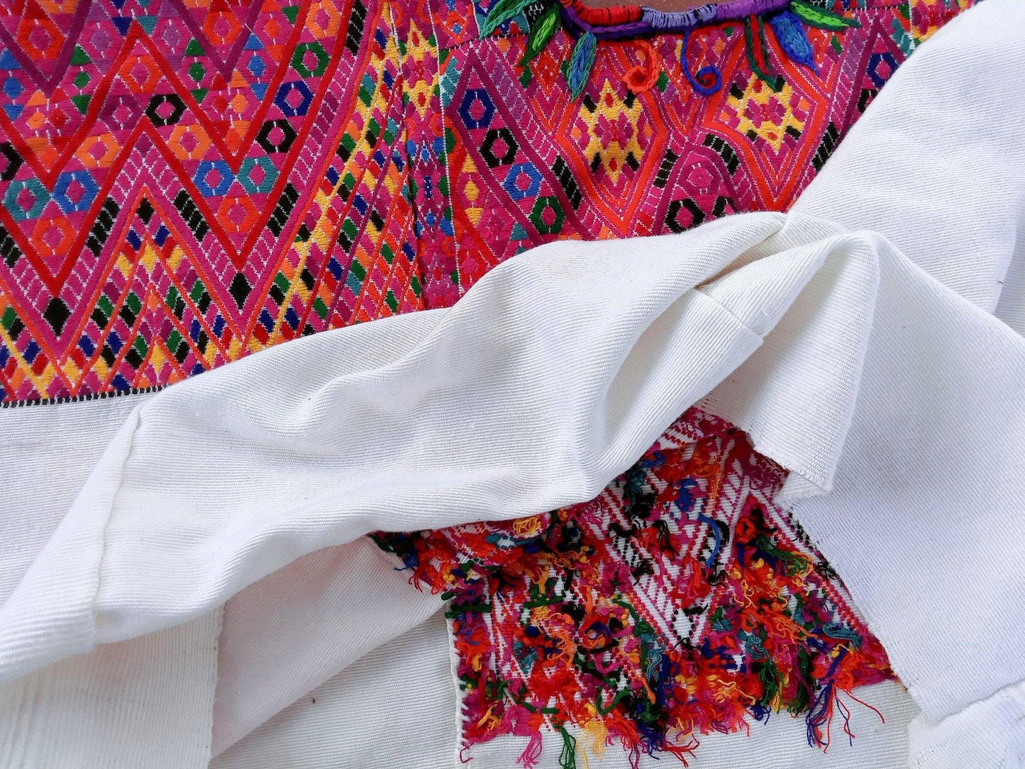 Vintage Guatemalan unique handmade Ivory weaved cotton huipil - Mayan rombus motives-