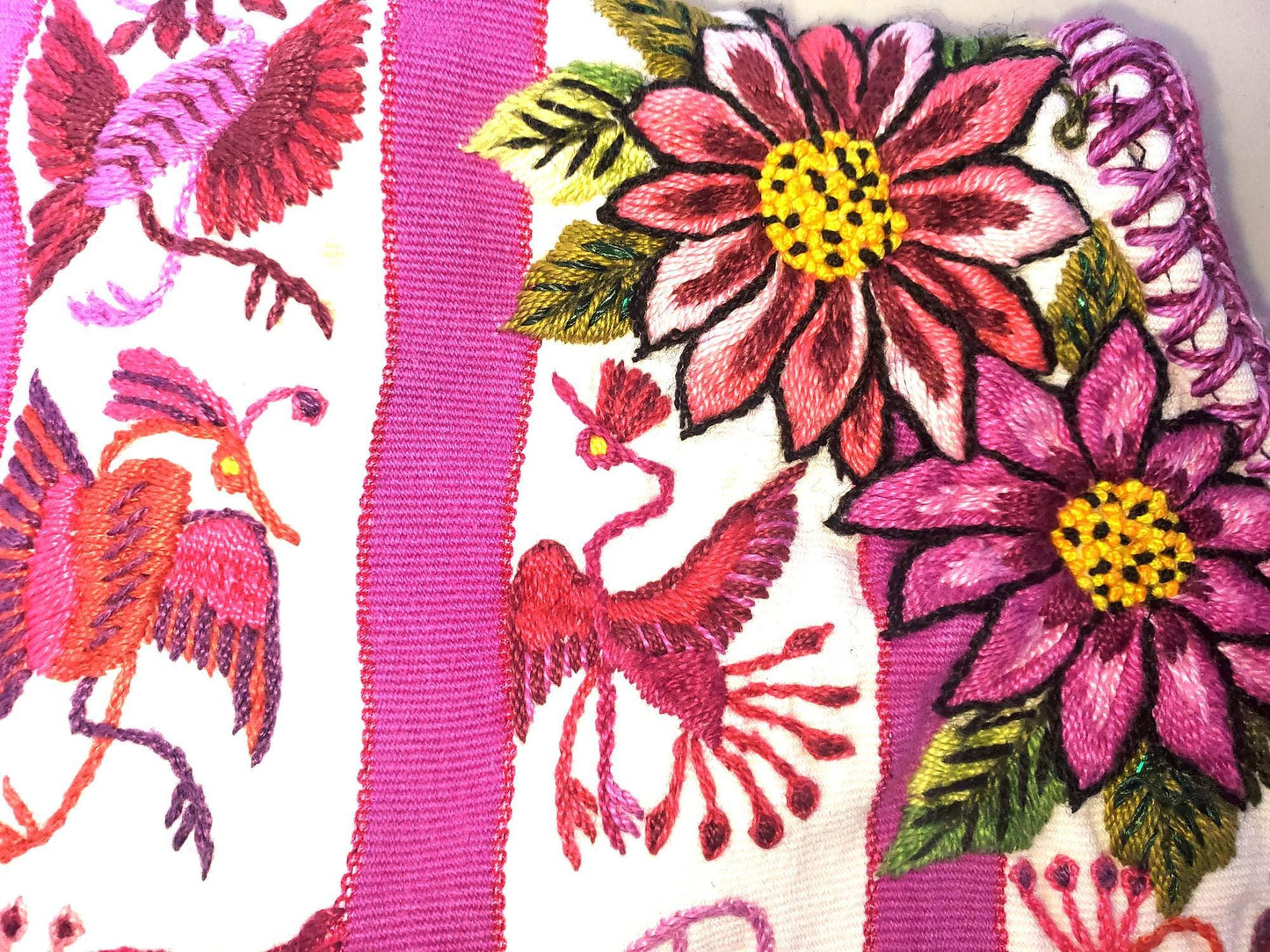 Vintage Handmade EMBROIDERED Birds SANTIAGO Atitlan Huipil Cotton Wall Decor Tapestry