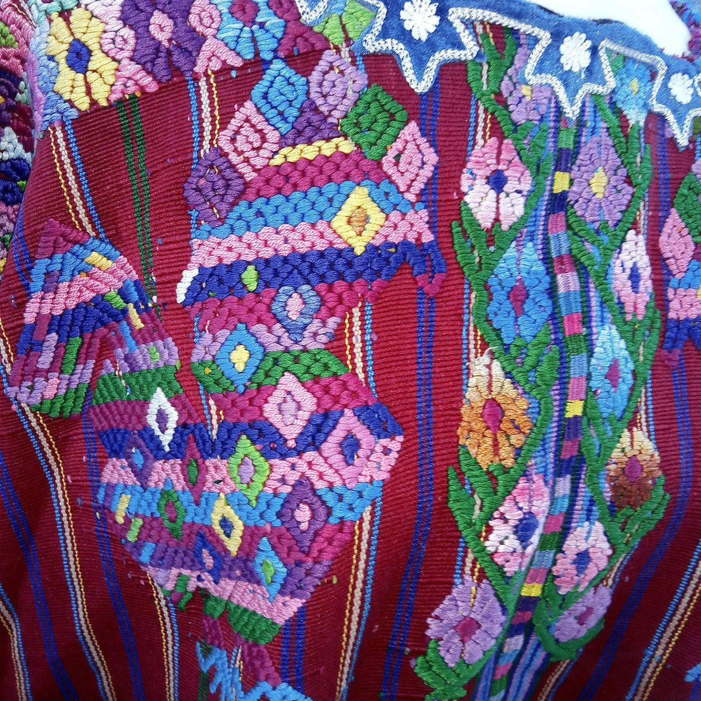 Vintage Guatemalan Unique Handmade Weaved Cotton BURGUNDY -ROOSTERS and Birds -Santo Domingo XENACOJ huipil-