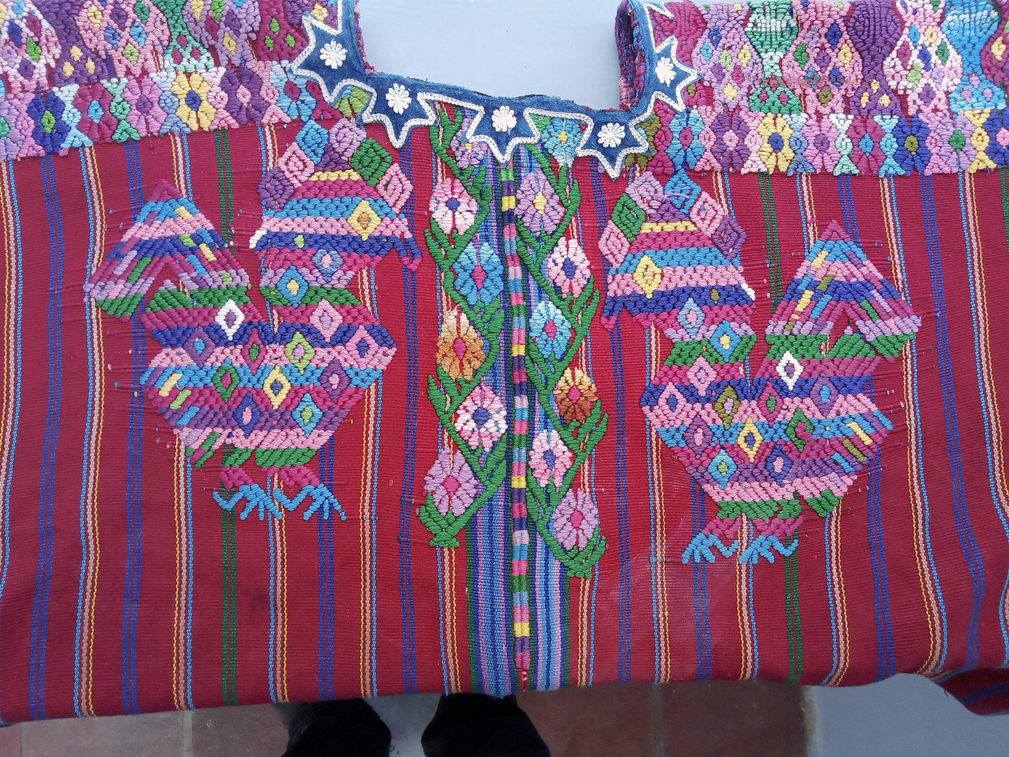 Vintage Guatemalan Unique Handmade Weaved Cotton BURGUNDY -ROOSTERS and Birds -Santo Domingo XENACOJ huipil-