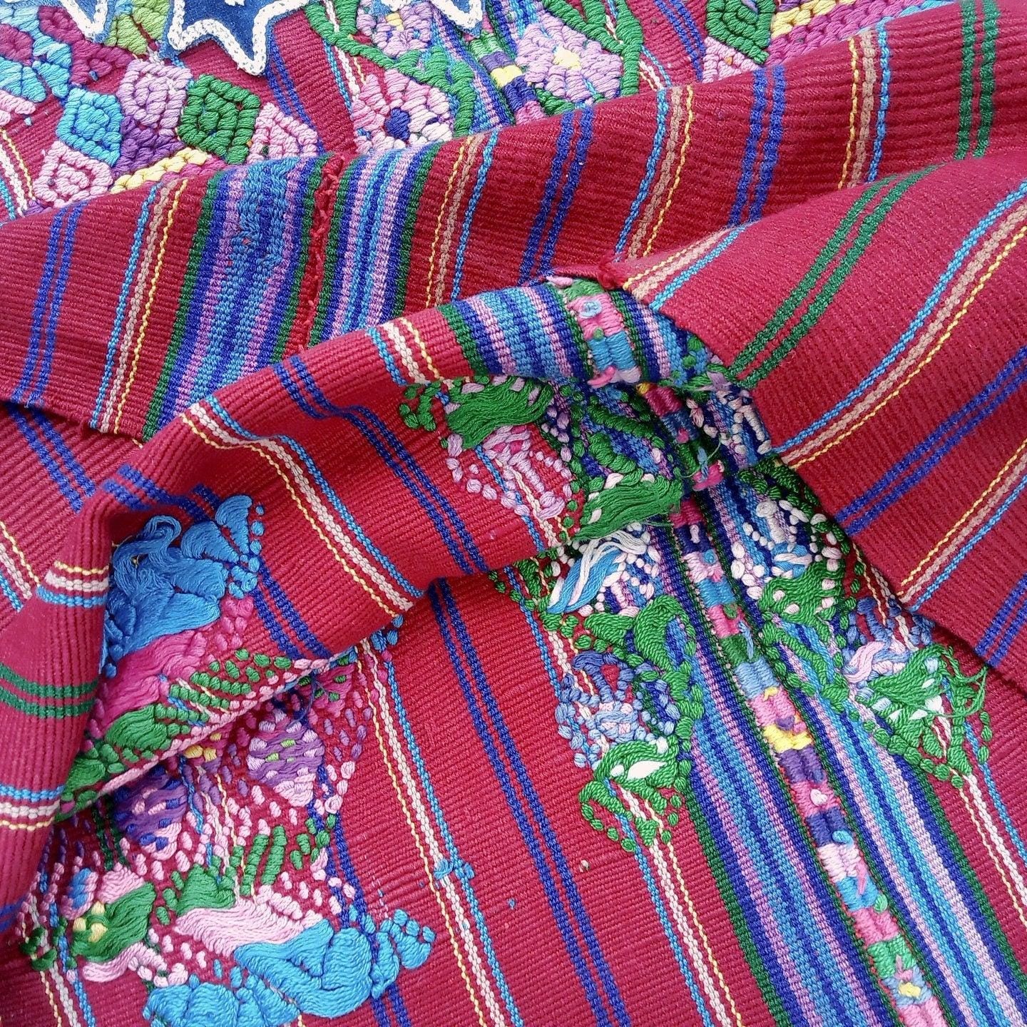 Vintage Guatemalan Unique Handmade Weaved Cotton BURGUNDY -ROOSTERS and Birds -Santo Domingo XENACOJ huipil-