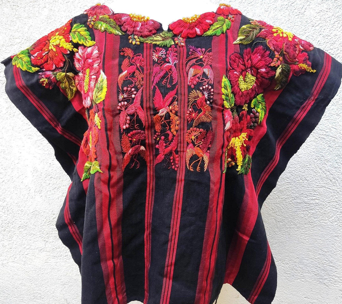 Vintage handmade embroidered Santiago Atitlan huipil cotton wall decor tapestry -Floral and birds-