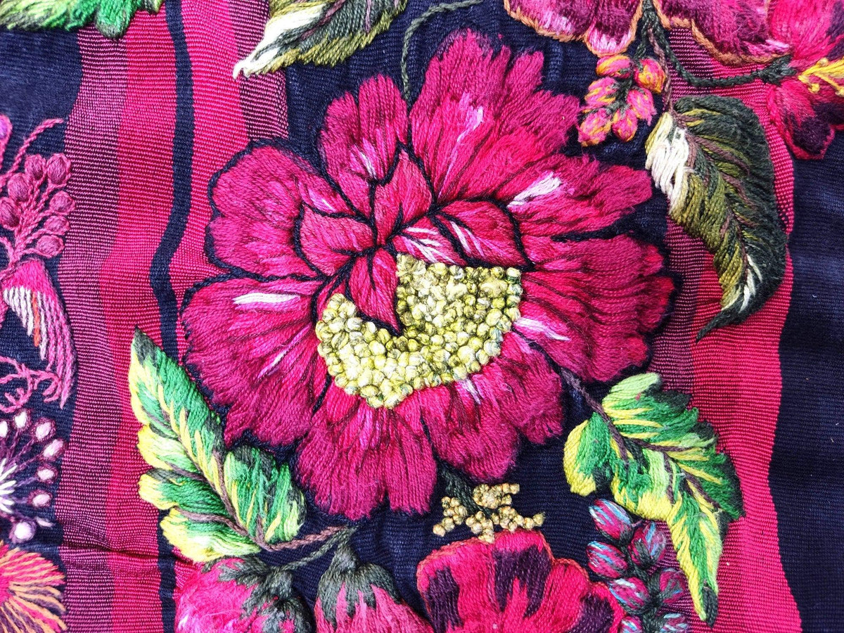 Vintage handmade embroidered Santiago Atitlan huipil cotton wall decor tapestry -Floral and birds-