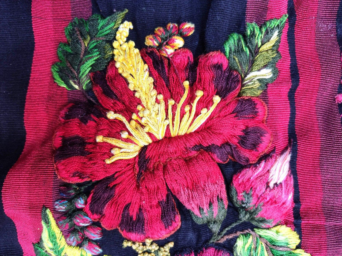 Vintage handmade embroidered Santiago Atitlan huipil cotton wall decor tapestry -Floral and birds-