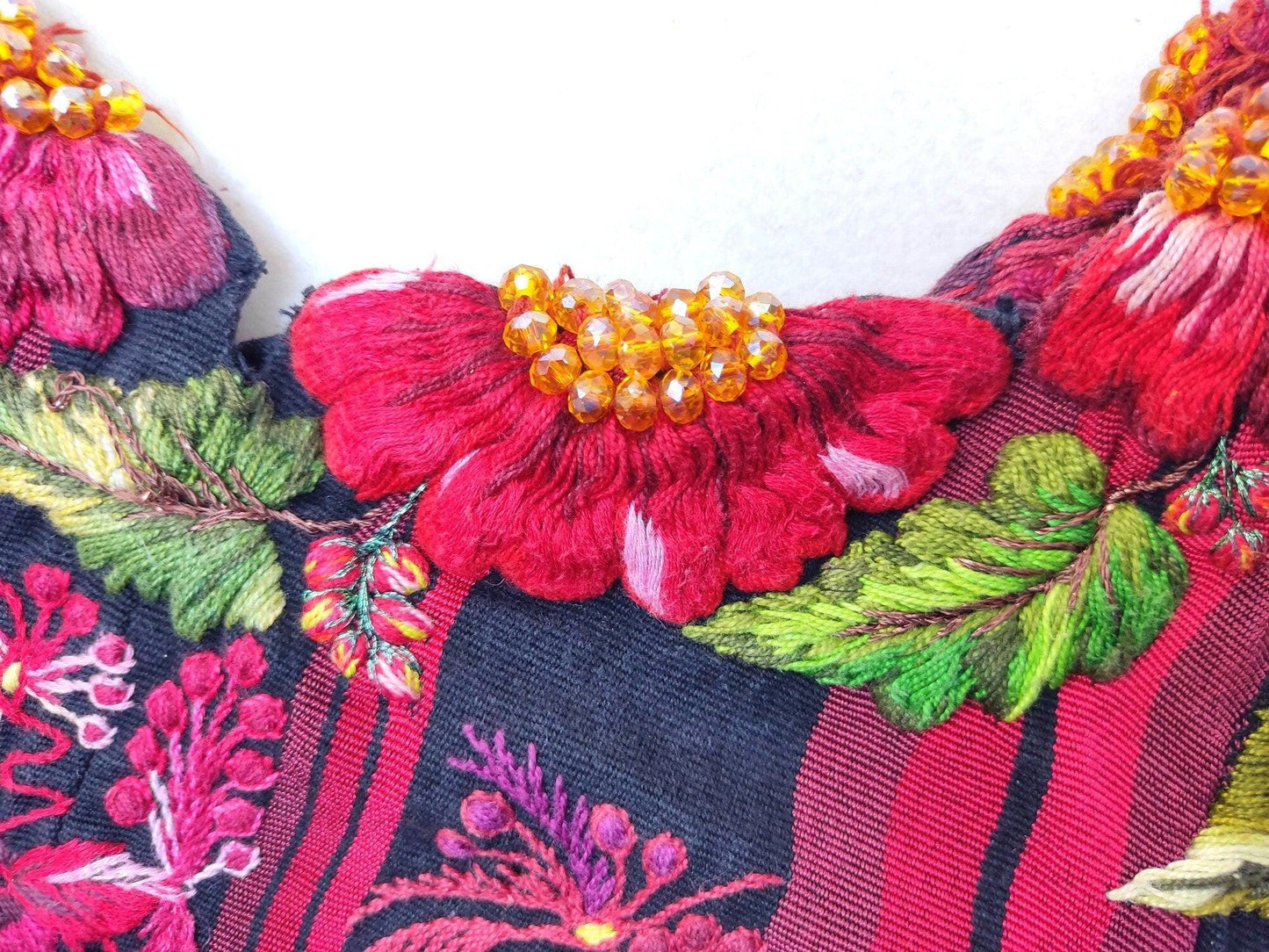 Vintage handmade embroidered Santiago Atitlan huipil cotton wall decor tapestry -Floral and birds-