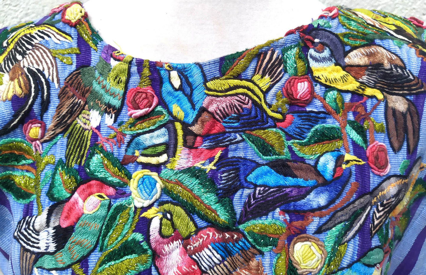 Handmade Blue EMBROIDERED Guatemalan Santiago Atitlan COTTON WALL Huipil "Mayan Bird Family" Tapestry