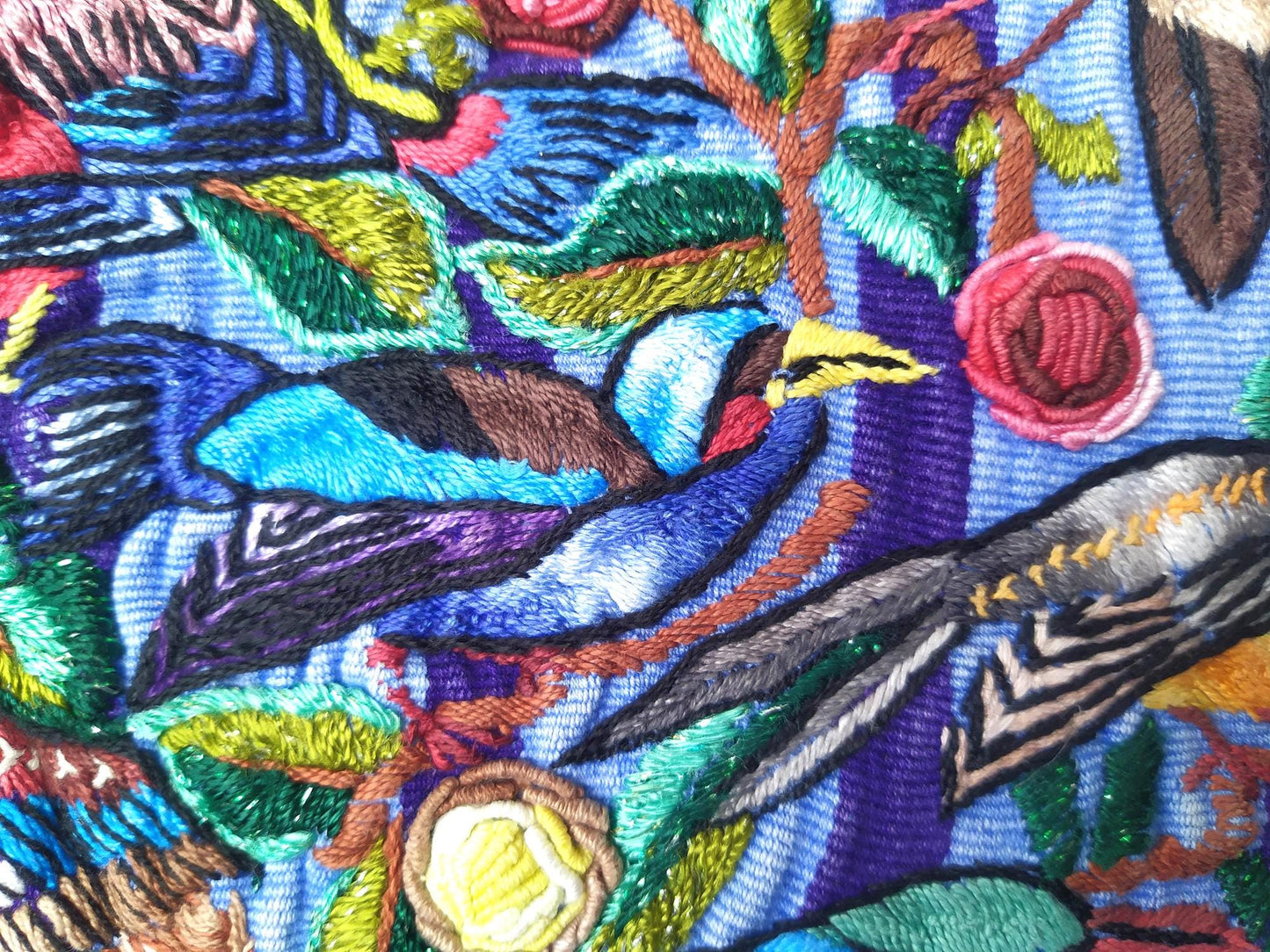 Handmade Blue EMBROIDERED Guatemalan Santiago Atitlan COTTON WALL Huipil "Mayan Bird Family" Tapestry