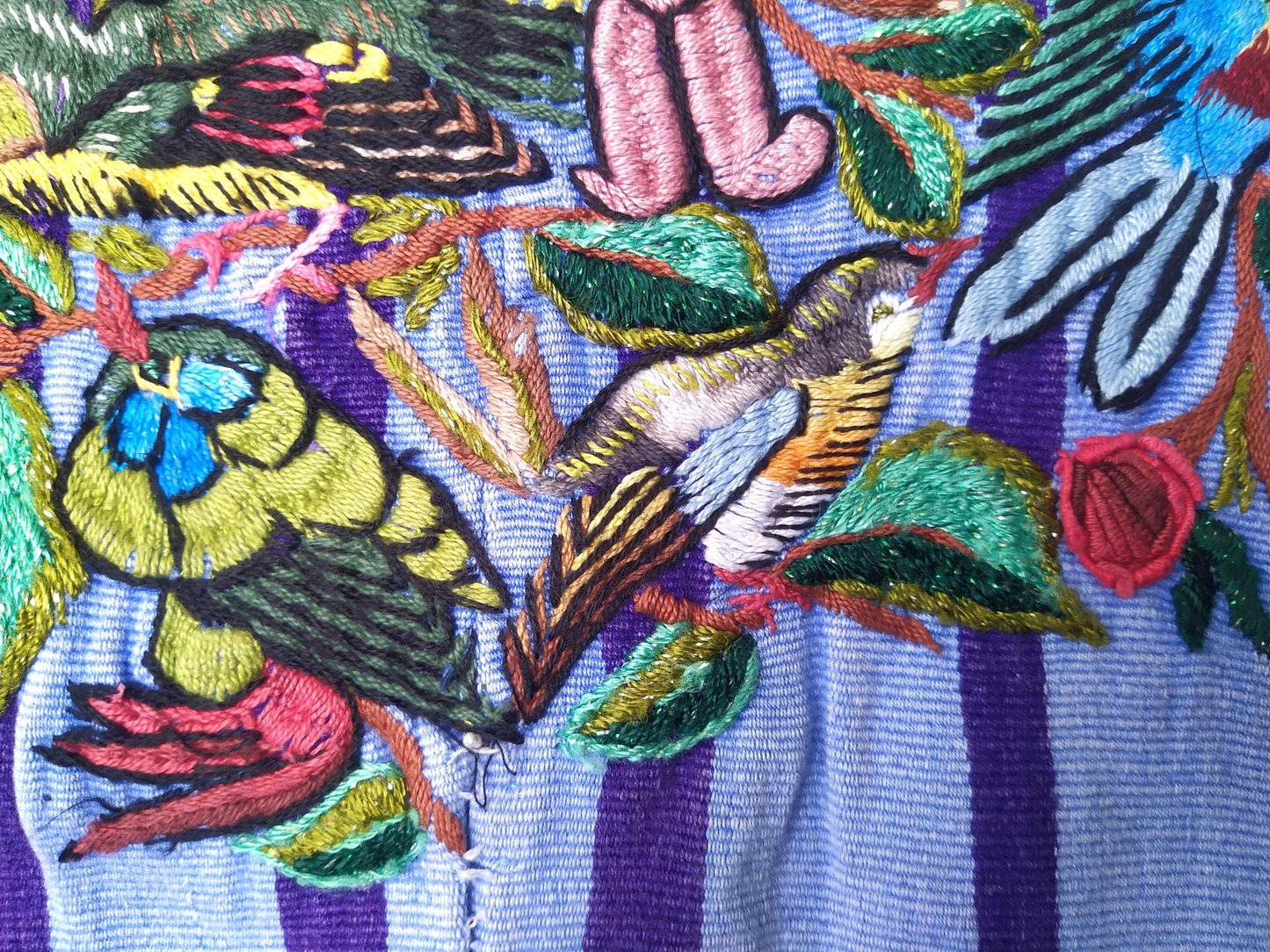 Handmade Blue EMBROIDERED Guatemalan Santiago Atitlan COTTON WALL Huipil "Mayan Bird Family" Tapestry