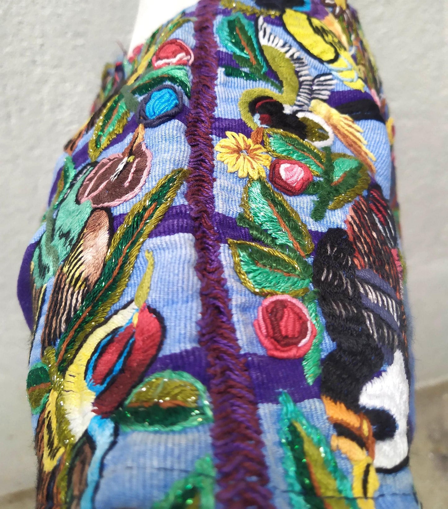 Handmade Blue EMBROIDERED Guatemalan Santiago Atitlan COTTON WALL Huipil "Mayan Bird Family" Tapestry