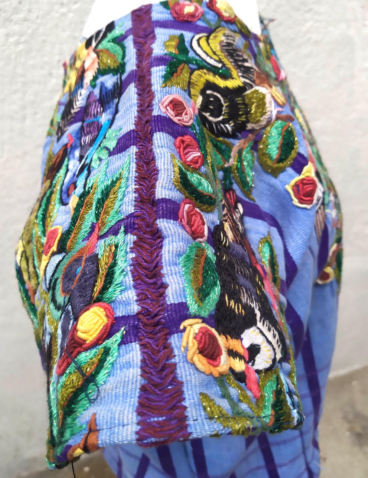 Handmade Blue EMBROIDERED Guatemalan Santiago Atitlan COTTON WALL Huipil "Mayan Bird Family" Tapestry