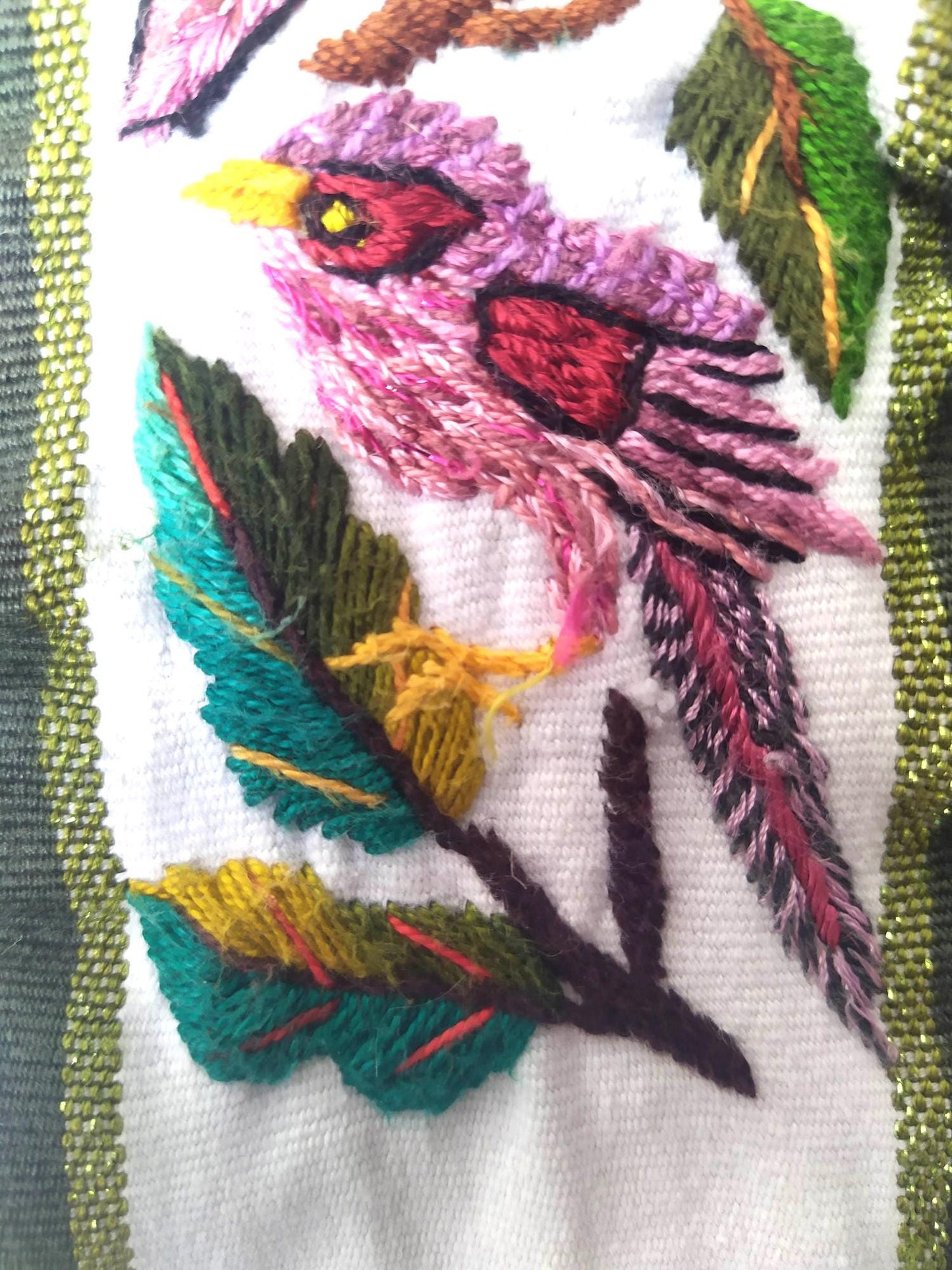 Vintage handmade embroidered Santiago ATITLAN huipil cotton wall decor tapestry -PARROT family-