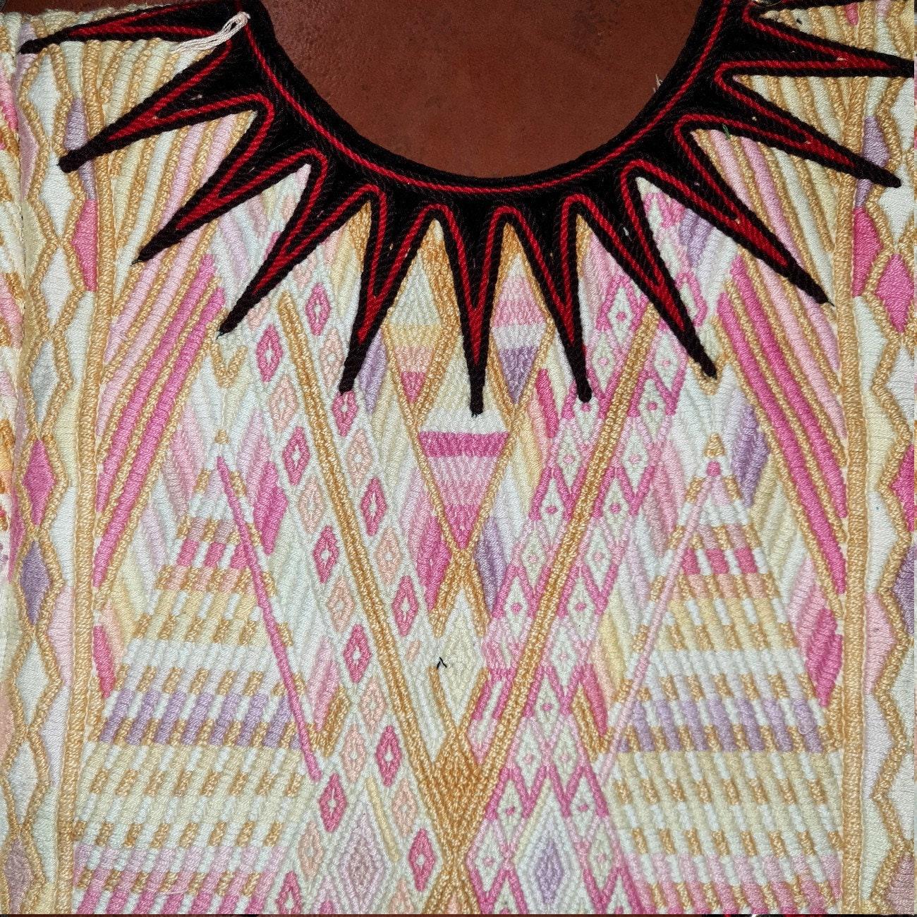 Vintage Guatemalan unique handmade Ivory weaved cotton huipil - Mayan rombus motives-