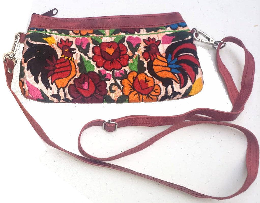 Aesthetic Woman Guatemalan Leather Huipil CROSSBODY Wristlet CLUTCH PURSE - 100% Cotton Lining Purse