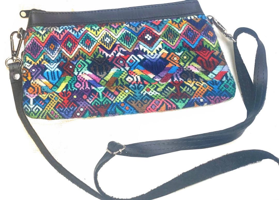 Aesthetic Woman Guatemalan Leather Huipil CROSSBODY Wristlet CLUTCH PURSE - 100% Cotton Lining Purse
