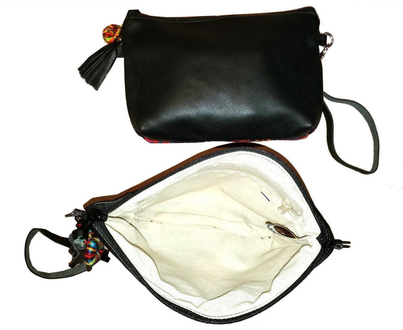 Aesthetic Woman Guatemalan Leather Huipil CROSSBODY Wristlet CLUTCH PURSE - 100% Cotton Lining Purse
