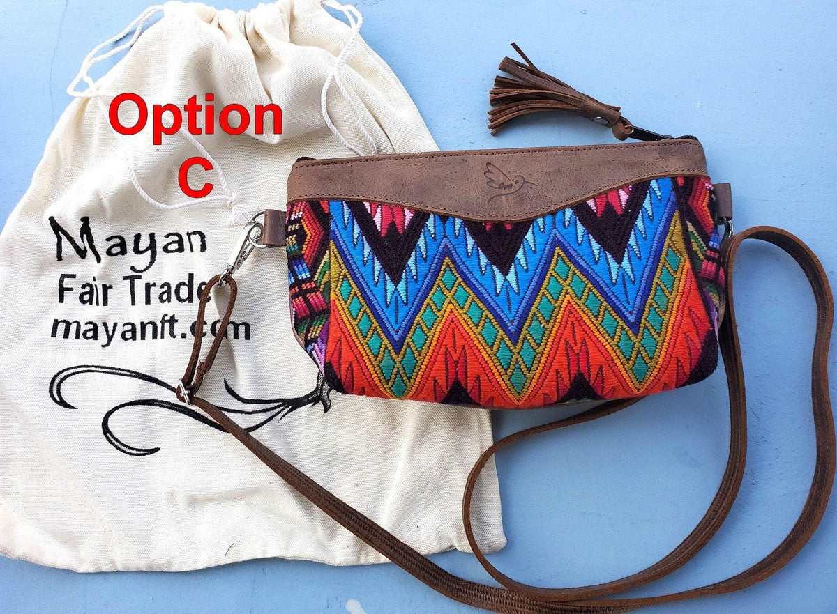 Aesthetic Woman Guatemalan Leather Huipil CROSSBODY Wristlet CLUTCH PURSE - 100% Cotton Lining Purse