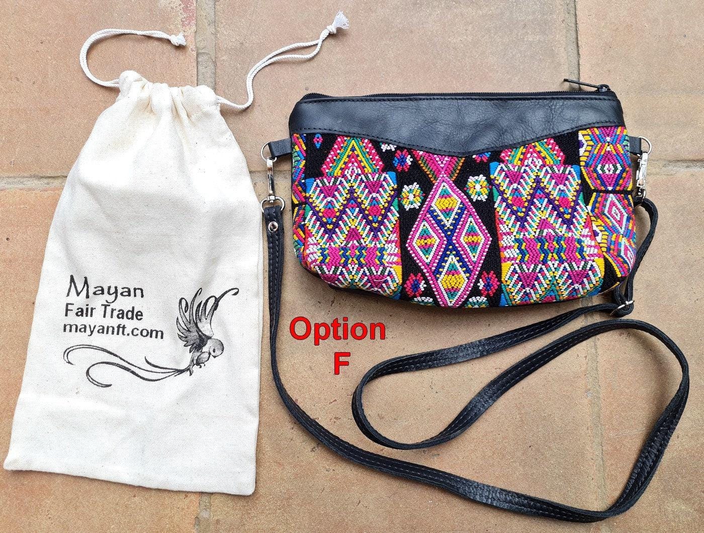 Aesthetic Woman Guatemalan Leather Huipil CROSSBODY Wristlet CLUTCH PURSE - 100% Cotton Lining Purse