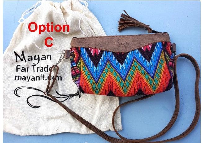 Aesthetic Woman Guatemalan Leather Huipil CROSSBODY Wristlet CLUTCH PURSE - 100% Cotton Lining Purse