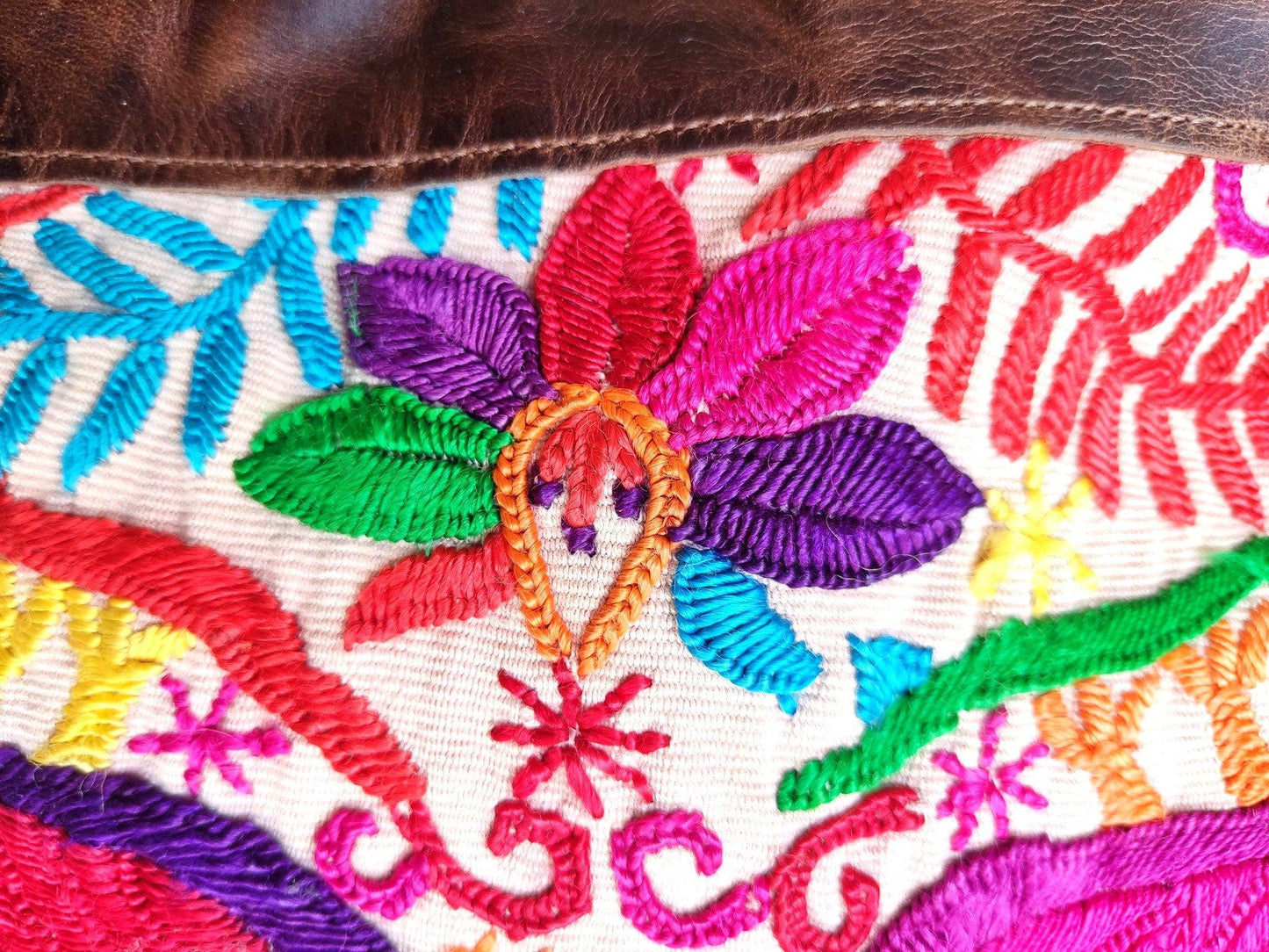 Unique leather Couple of Peacocks huipil crossbody bag