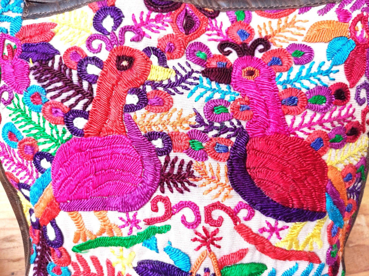 Unique leather Couple of Peacocks huipil crossbody bag