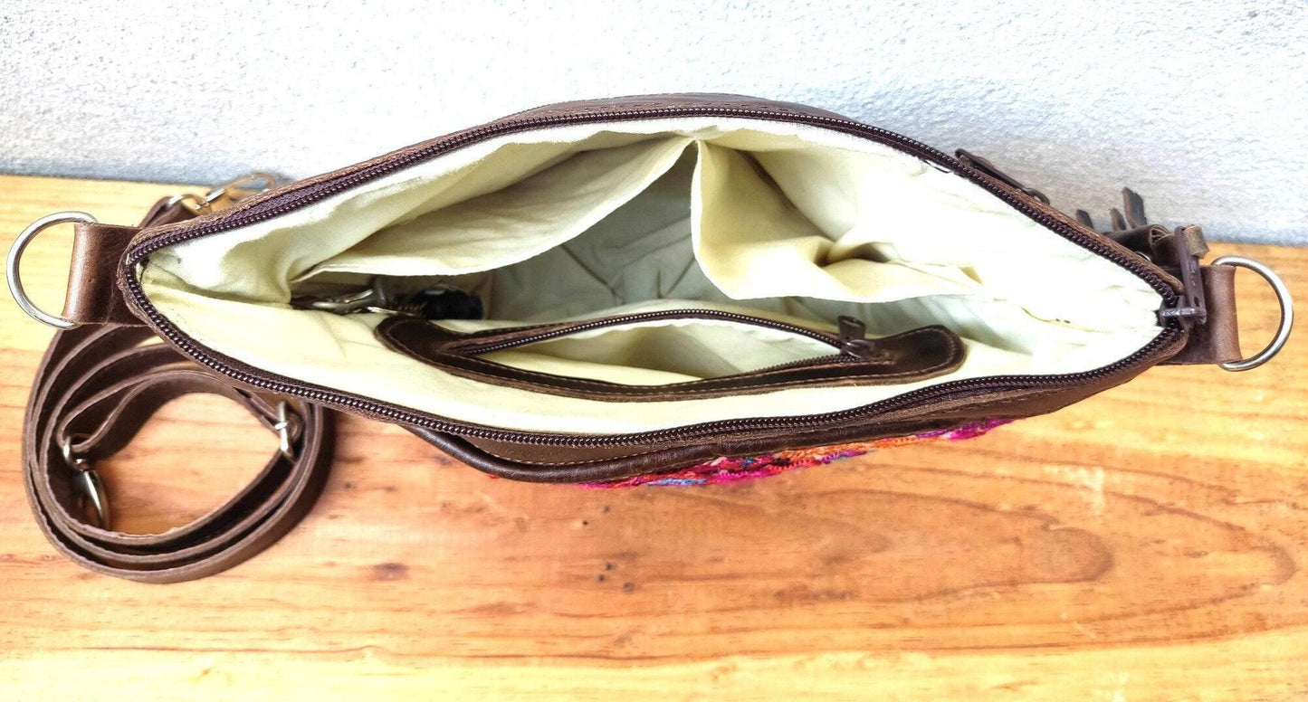 Unique leather Couple of Peacocks huipil crossbody bag