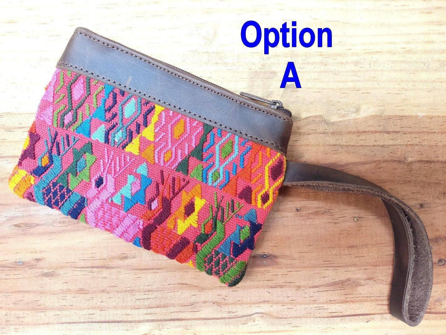 Guatemalan upcycled huipil double sided coin purse leather trim