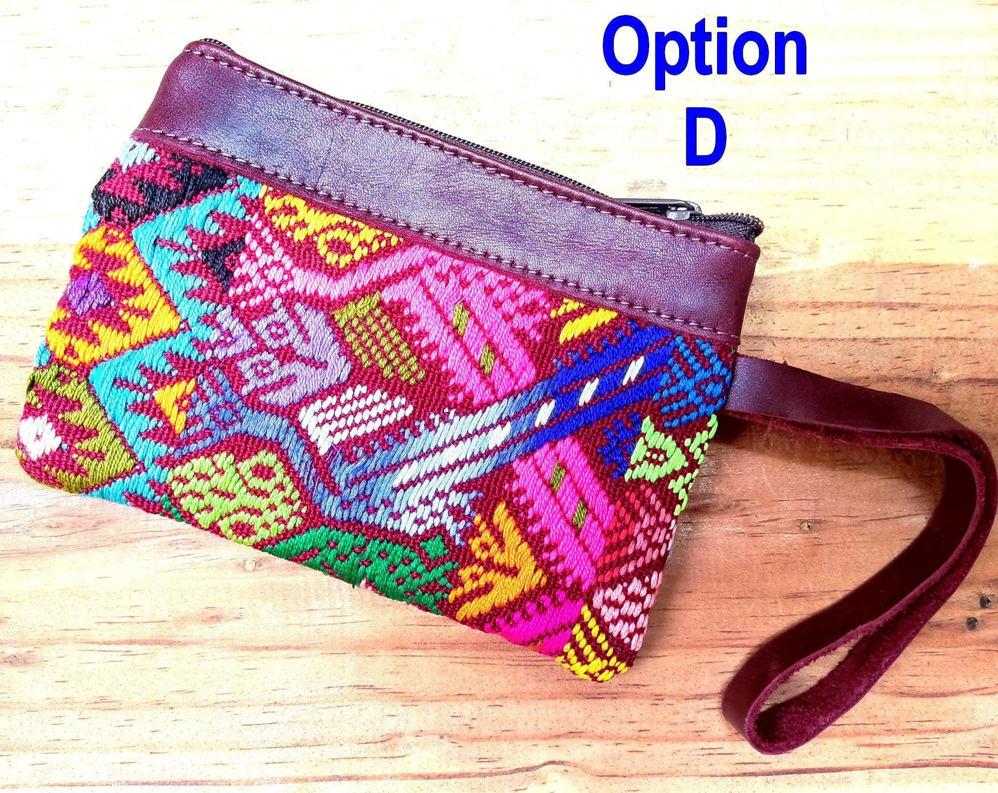 Guatemalan upcycled huipil double sided coin purse leather trim