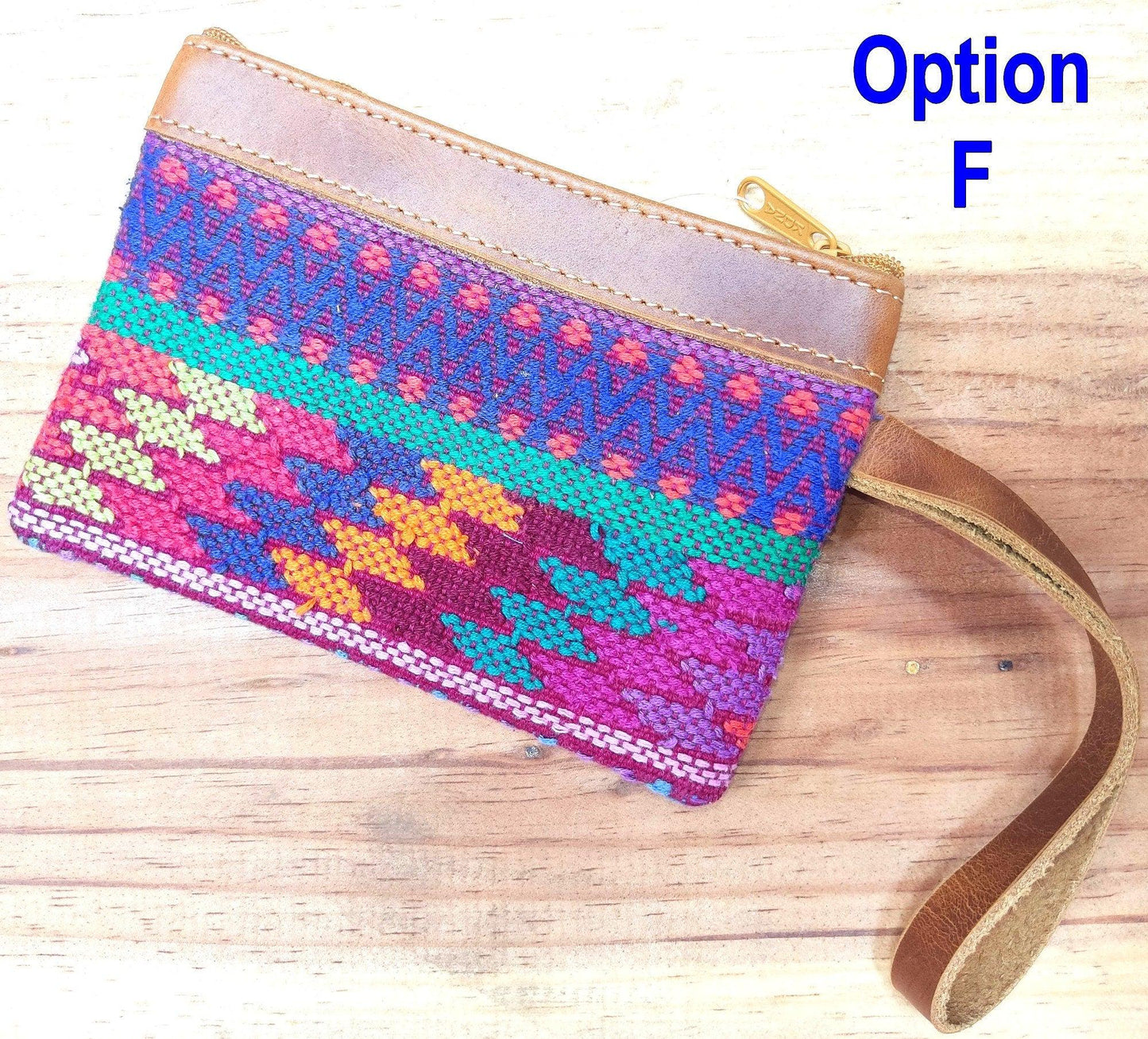 Guatemalan upcycled huipil double sided coin purse leather trim