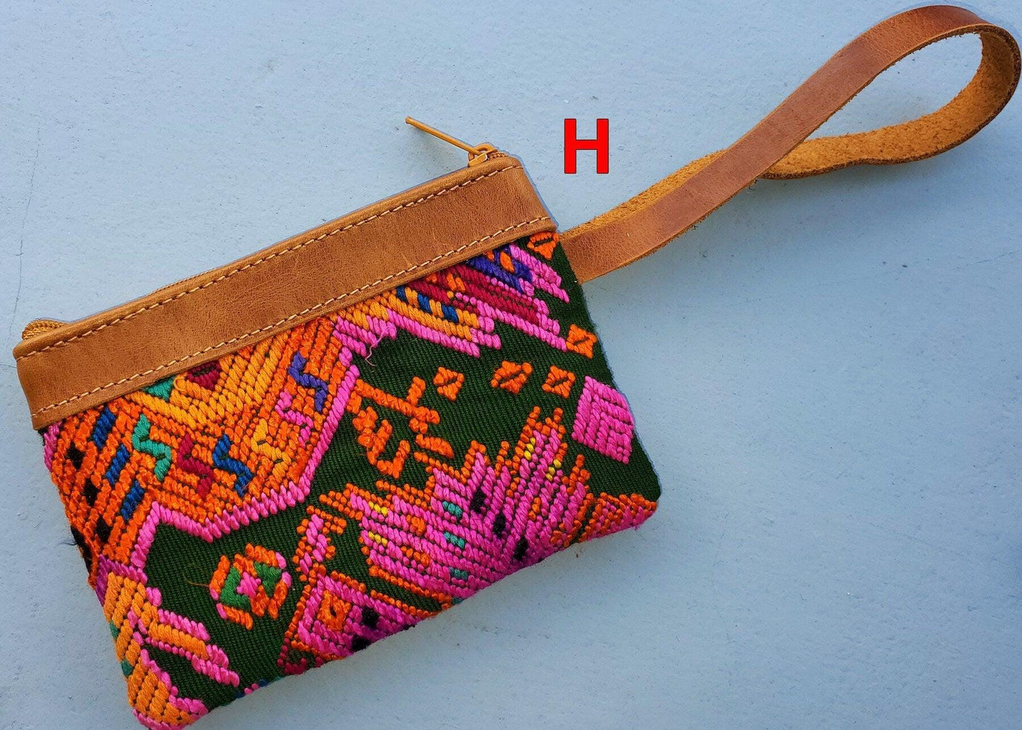Guatemalan upcycled huipil double sided coin purse leather trim
