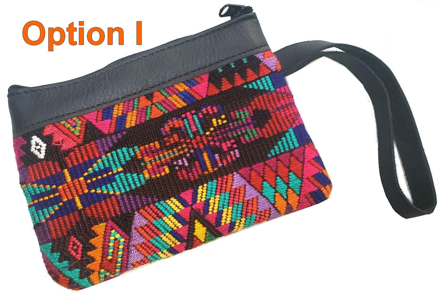 Guatemalan upcycled huipil double sided coin purse leather trim