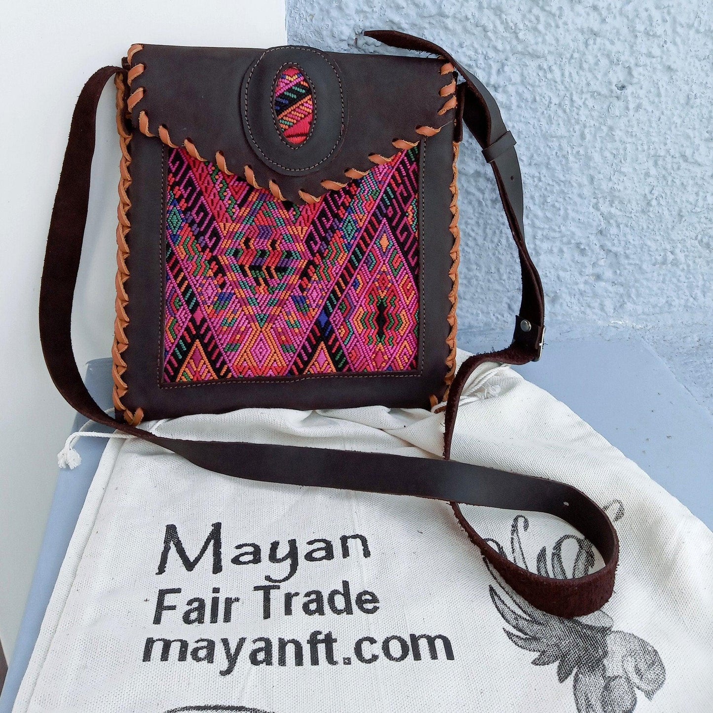 Aesthetic Woman Guatemalan Leather Huipil CROSSBODY Wristlet CLUTCH PURSE - 100% Cotton Lining Purse