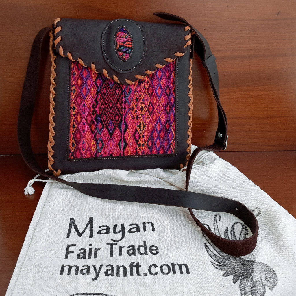 Aesthetic Woman Guatemalan Leather Huipil CROSSBODY Wristlet CLUTCH PURSE - 100% Cotton Lining Purse