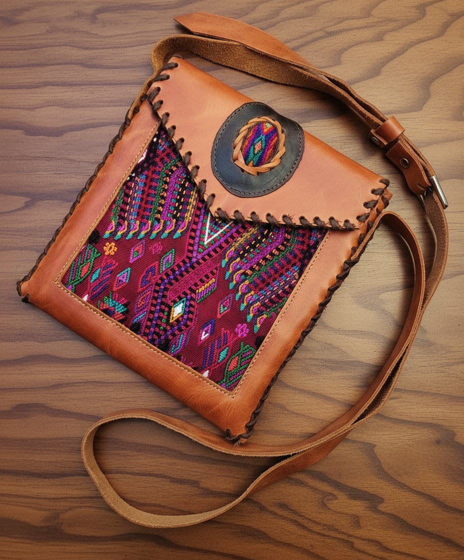 Aesthetic Woman Guatemalan Leather Huipil CROSSBODY Wristlet CLUTCH PURSE - 100% Cotton Lining Purse