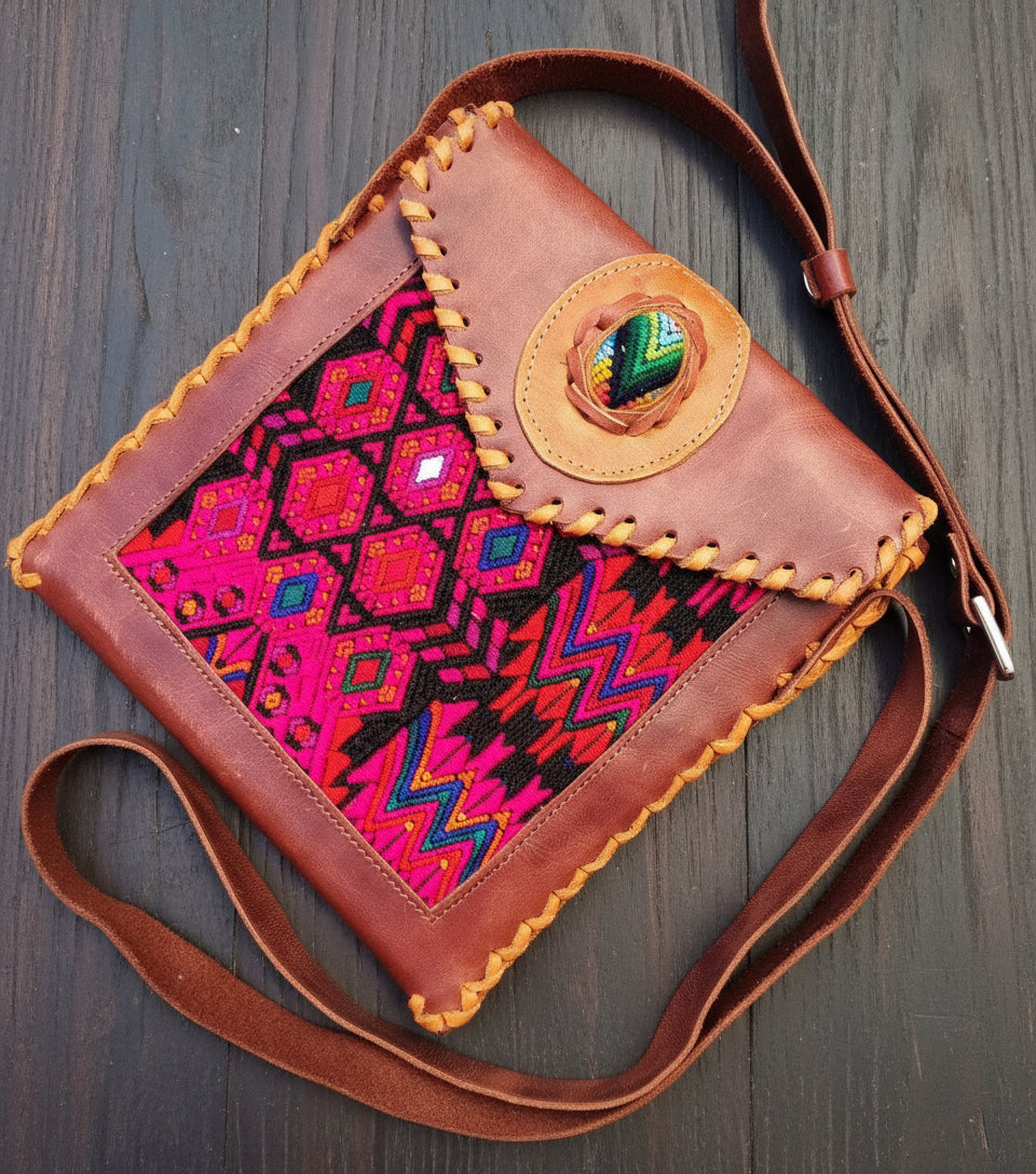 Aesthetic Woman Guatemalan Leather Huipil CROSSBODY Wristlet CLUTCH PURSE - 100% Cotton Lining Purse