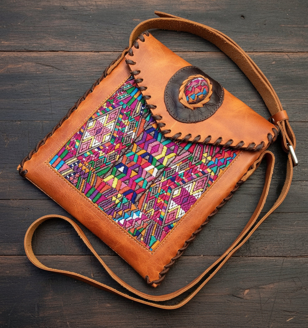 Aesthetic Woman Guatemalan Leather Huipil CROSSBODY Wristlet CLUTCH PURSE - 100% Cotton Lining Purse