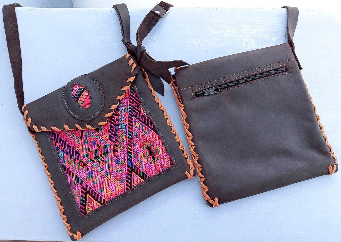 Aesthetic Woman Guatemalan Leather Huipil CROSSBODY Wristlet CLUTCH PURSE - 100% Cotton Lining Purse