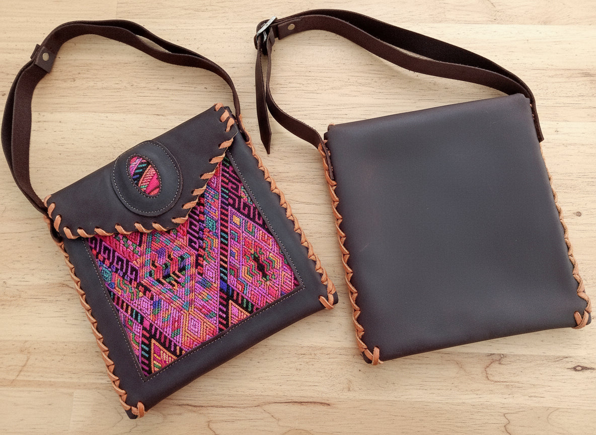 Aesthetic Woman Guatemalan Leather Huipil CROSSBODY Wristlet CLUTCH PURSE - 100% Cotton Lining Purse