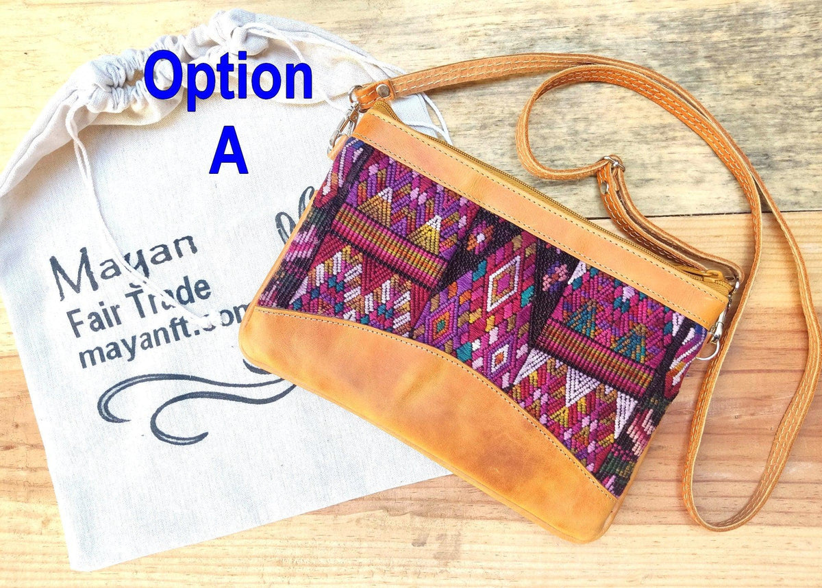 Aesthetic Woman Guatemalan Leather Huipil CROSSBODY Wristlet CLUTCH PURSE - 100% Cotton Lining Purse