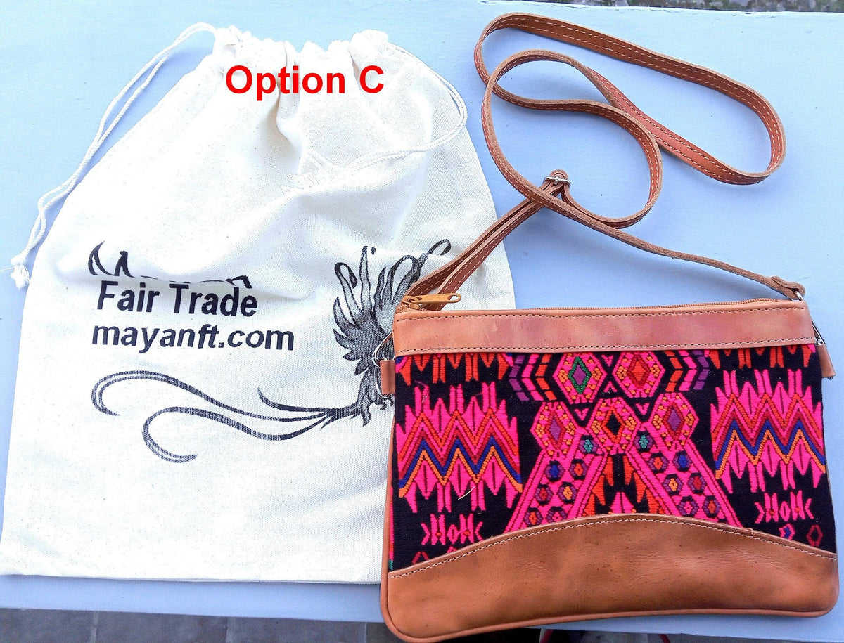 Aesthetic Woman Guatemalan Leather Huipil CROSSBODY Wristlet CLUTCH PURSE - 100% Cotton Lining Purse