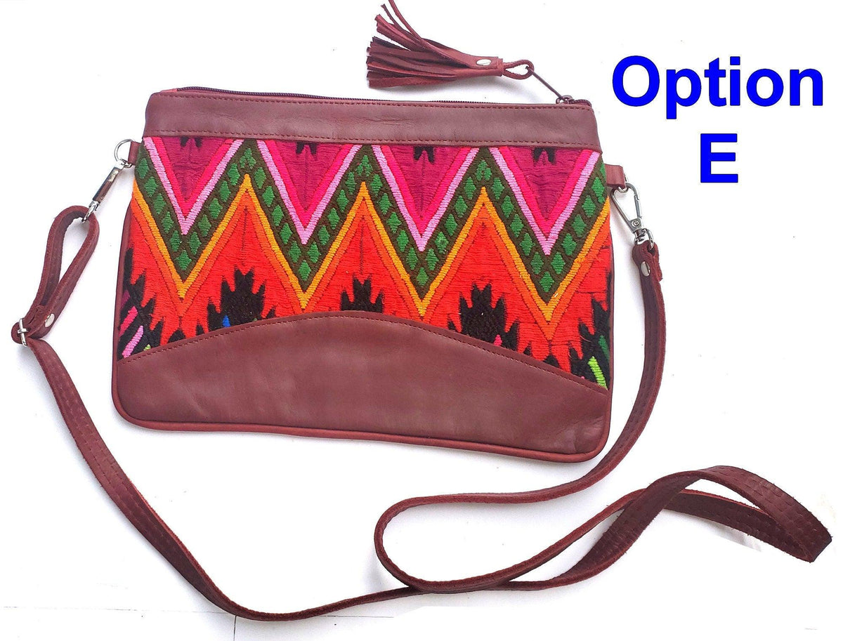 Aesthetic Woman Guatemalan Leather Huipil CROSSBODY Wristlet CLUTCH PURSE - 100% Cotton Lining Purse