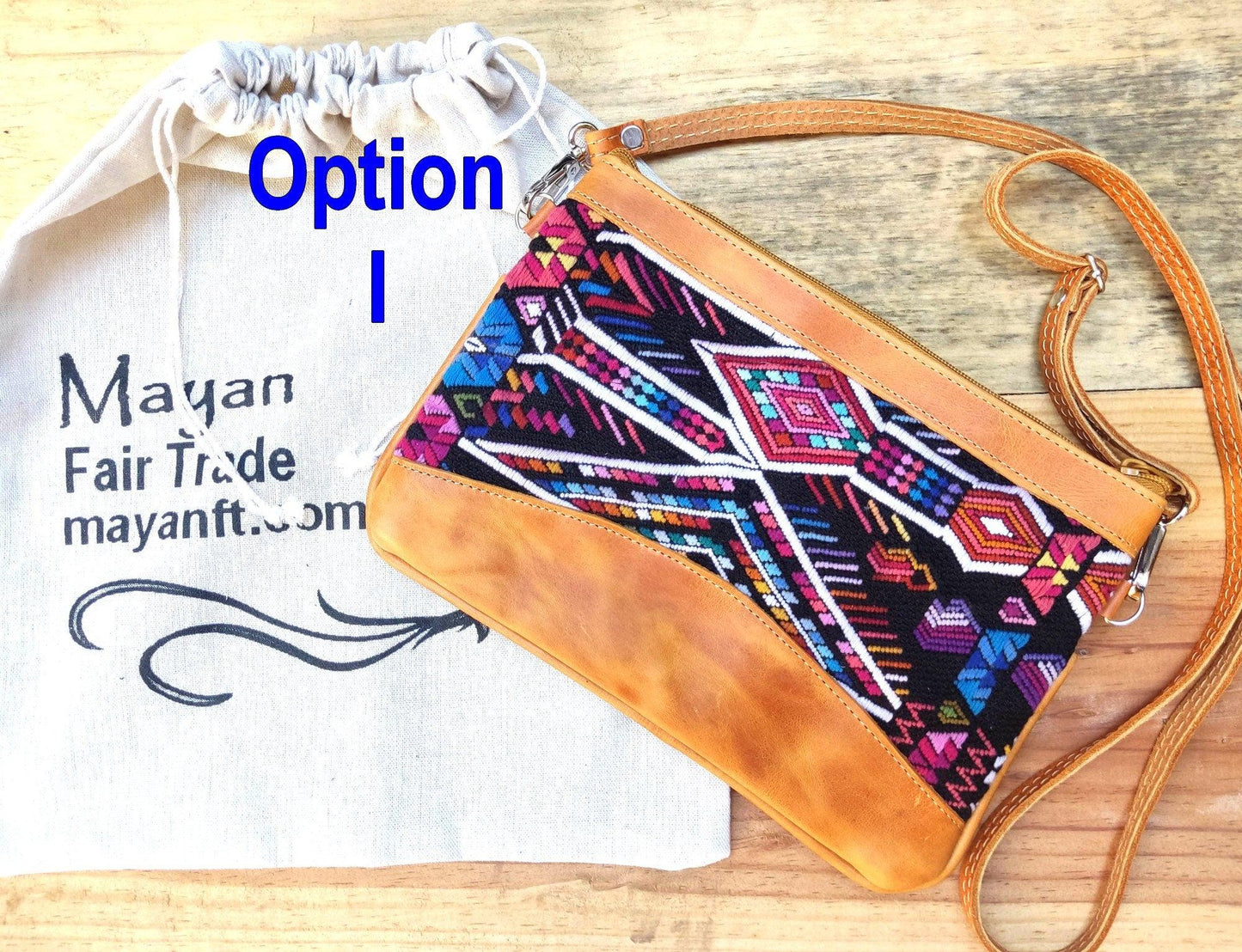 Aesthetic Woman Guatemalan Leather Huipil CROSSBODY Wristlet CLUTCH PURSE - 100% Cotton Lining Purse