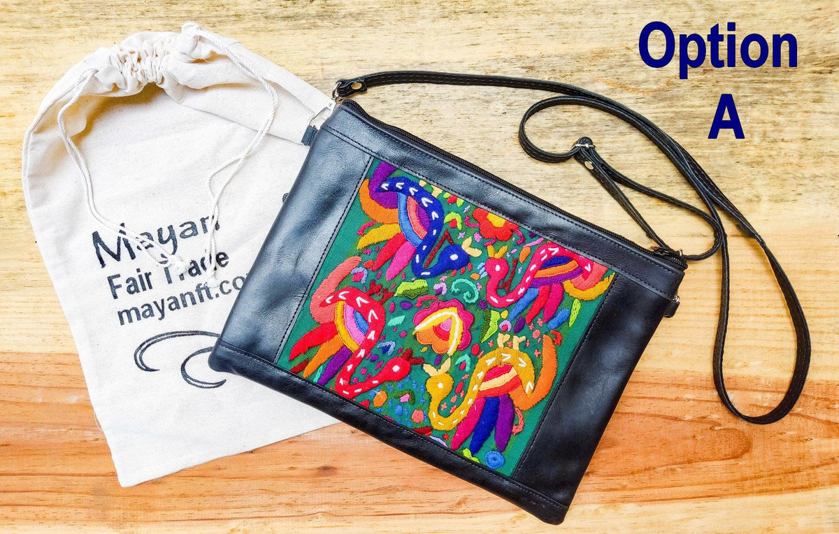 Aesthetic Woman Guatemalan Leather Huipil CROSSBODY Wristlet CLUTCH PURSE - 100% Cotton Lining Purse
